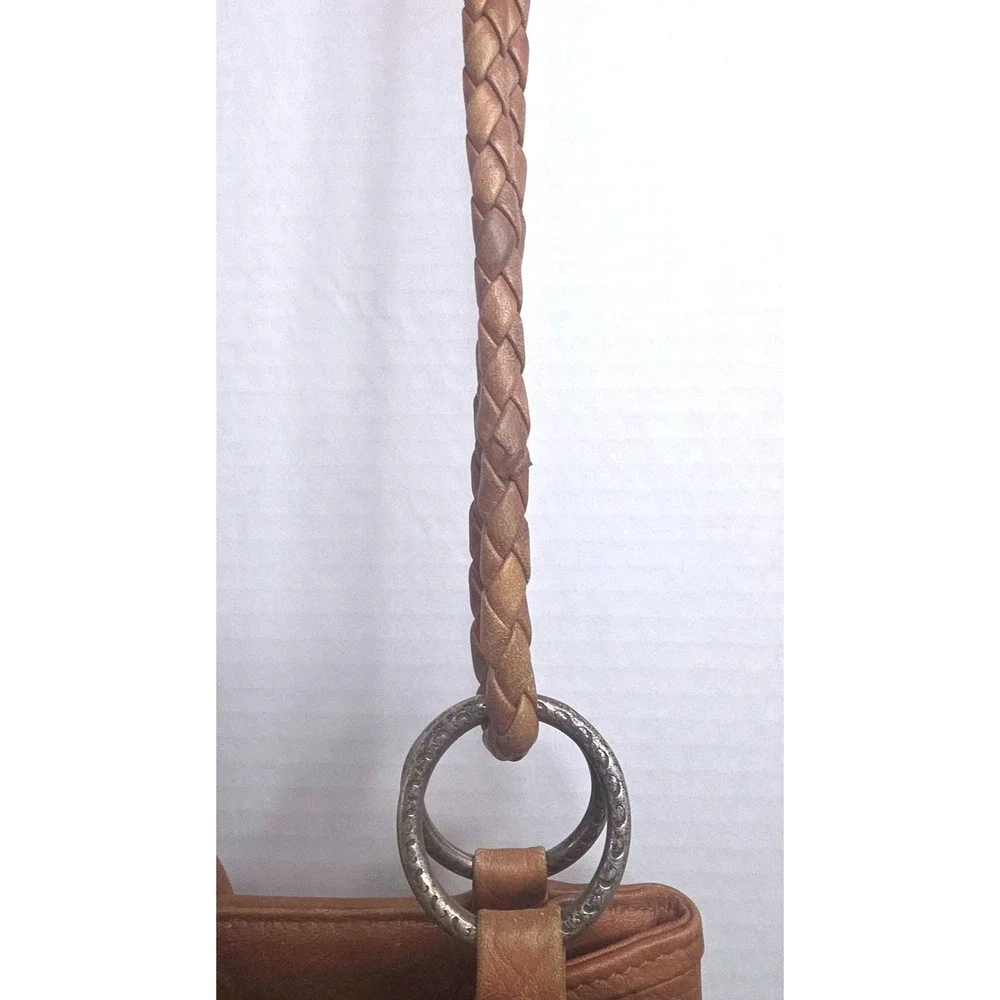 VTG 90s American Angel Tan Leather Braided‎ Strap Shoulder Bag Silver Medallion